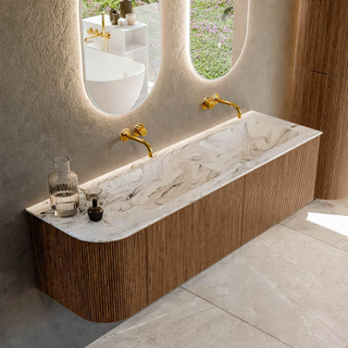 MONDIAZ KURVE-DLUX 155cm Meuble salle de bain avec module 25 G - couleur Walnut - 2 tiroirs - 1 porte - vasque LEAF double / droite - sans trou de robinet - couleur Glace