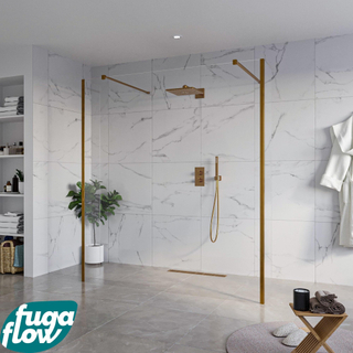 FugaFlow Eccelente Vetro Vrijstaande inloopdouche badkamer - 180x200cm - Helder - antikalk - 8mm veiligheidsglas - 2 zijwanden 30cm - met wandarmen en hoekprofielen - Koper geborsteld -
