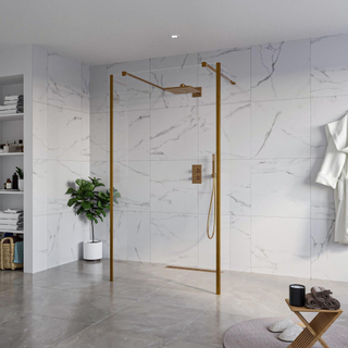 FugaFlow Eccelente Vetro Vrijstaande inloopdouche badkamer - 110x200cm - Helder - antikalk - 8mm veiligheidsglas - 2 zijwanden 40cm - met wandarmen en hoekprofielen - Koper geborsteld -