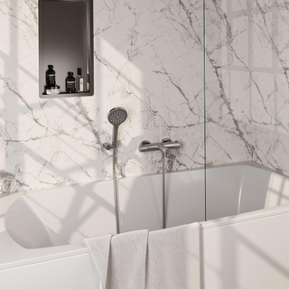 Robinet de baignoire Brauer brossé - ensemble de douche - douchette ronde 3 positions - bouton sculpté - PVD - Inox brossé