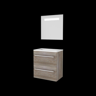 Basic-Line Economic 39 ensemble de meubles de salle de bain 60x39cm avec poignées 2 tiroirs lavabo acrylique 1 trou pour robinetterie miroir éclairage led intégré mfc scotch oak