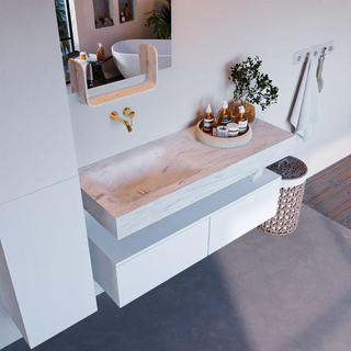 Mondiaz ALAN-DLUX Ensemble de meuble - 120cm - meuble Talc mat - 2 tiroirs - Lavabo Cloud Opalo suspendu - vasque Gauche - 0 trous de robinet