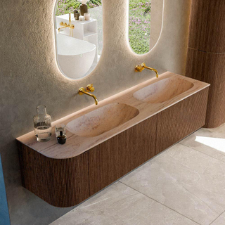 MONDIAZ KURVE-DLUX 175cm badmeubel ronding Links kleur Walnut met 2 lades en 1 deur. Wastafel STOR SMALL Dubbel / Rechts zonder kraangat Saba.