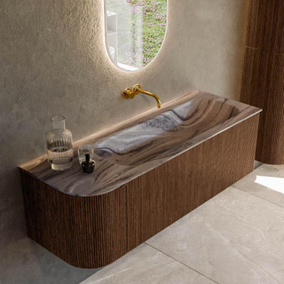 MONDIAZ KURVE-DLUX 135cm badmeubel ronding Links kleur Walnut met 1 lade en 1 deur. Wastafel BIG MEDIUM Rechts zonder kraangat Sombra.