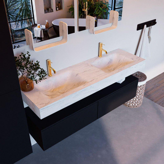 Mondiaz ALAN-DLUX Ensemble de meuble - 150cm - meuble Urban mat - 2 tiroirs - Lavabo Cloud Opalo suspendu - vasque Gauche et droite - 2 trous de robinet