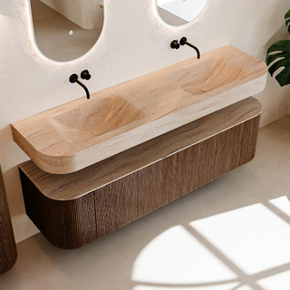 MONDIAZ THOR-DLUX 170cm meuble de salle de bains arrondi gauche + droite couleur Walnut avec 1 tiroir et 2 portes. Vasque suspendue CLOUD Double sans trou de robinet couleur Saba.