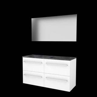 Basic-Line Basic 46 ensemble de meubles de salle de bain 120x46cm avec poignées 4 tiroirs pierre dure lavabo 2 trous de robinetterie miroir mdf laqué blanc glacier