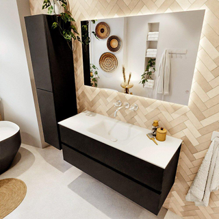 MONDIAZ VICA meuble sous lavabo 120cm Urban 2 tiroirs. Lavabo CLOUD central sans trou de robinet, couleur Talc.