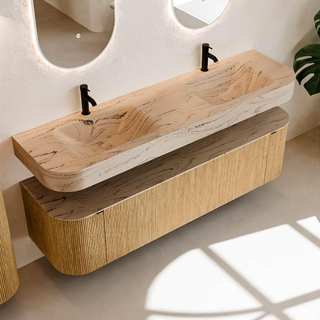 MONDIAZ THOR-DLUX 170cm badmeubel ronding links + rechts kleur Oak met 1 lade en 2 deuren. Vrijhangende wastafel CLOUD Dubbel 2 kraangaten kleur Arena.