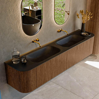 MONDIAZ KURVE 200cm Meuble salle de bain avec module 25 G et D - couleur Walnut - 2 tiroirs - 2 portes - vasque BIG SMALL double - sans trous de robinet - Urban