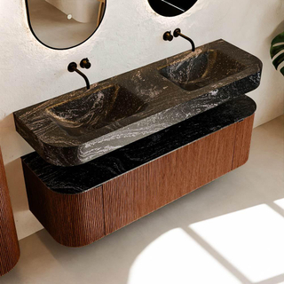 MONDIAZ THOR-DLUX 150cm meuble de salle de bains arrondi gauche + droite couleur Ruby avec 1 tiroir et 2 portes. Vasque suspendue CLOUD Double sans trou de robinet couleur Lava.