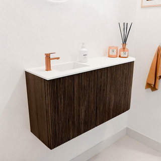 Mondiaz JOYA 81.6cm toiletmeubel - ronding rechts kleur Walnut - Wastafel FAYE positie Links 1 kraangat kleur Talc.