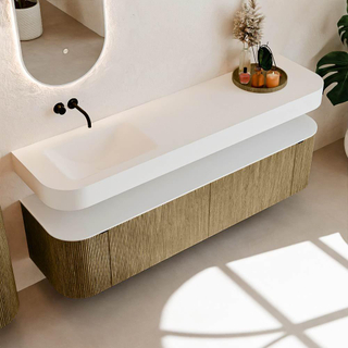 MONDIAZ THOR Meuble de salle de bains 180cm arrondi gauche + droite couleur Dusk avec 2 tiroirs et 2 portes. Vasque suspendue CLOUD Gauche sans trou de robinet couleur Talc.