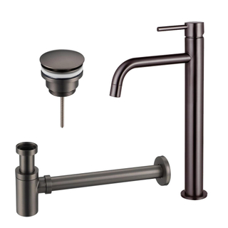 FugaFlow Eccelente Sobrado Slim Slim Kit mitigeur lavabo - robinet rehaussé - bonde clic clac - siphon design bas - PVD Gunmetal