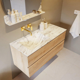 Mondiaz VICA-DLUX Ensemble de meuble de salle de bain - 110cm - meuble sous-vasque chêne blanchi - 2 tiroirs - lavabo encastré cloud gauche - sans trous de robinet - version haute de 60cm - glace