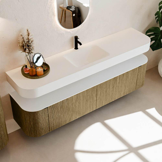 MONDIAZ THOR Meuble de salle de bains 190cm arrondi gauche + droite couleur Dusk avec 2 tiroirs et 2 portes. Vasque suspendue CLOUD Milieu 1 trou de robinet couleur Talc.