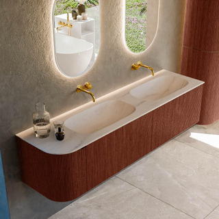 MONDIAZ KURVE-DLUX 175cm badmeubel ronding Links kleur Ruby met 2 lades en 1 deur. Wastafel STOR SMALL Dubbel / Rechts zonder kraangat Meli.