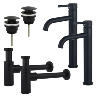 FortiFura Calvi Kit robinet lavabo - pour double vasque - robinet rehaussé - bonde clic clac - siphon design - Noir mat