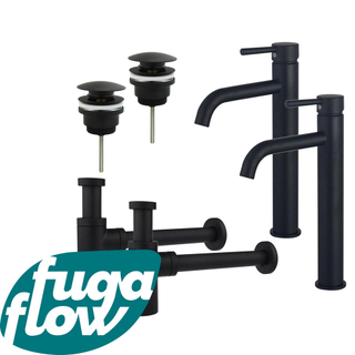 FugaFlow Eccelente Sobrado Badkamer Wastafelkraanset - voor dubbele wastafel - verhoogde wastafelkraan - klikwaste plug - design sifon - Mat zwart