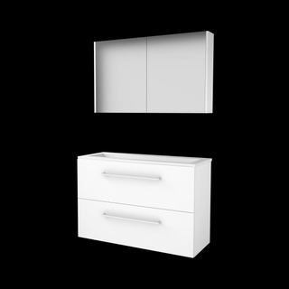 Basic-Line Comfort 39 ensemble de meubles de salle de bain 100x39cm avec poignées 2 tiroirs lavabo acrylique 0 trous de robinetterie armoire de toilette mdf laqué blanc glacier