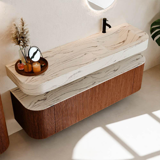 MONDIAZ THOR-DLUX 160cm meuble de salle de bains arrondi gauche + droite couleur Ruby avec 1 tiroir et 2 portes. Vasque suspendue CLOUD Droite 1 trou de robinet couleur Nata.