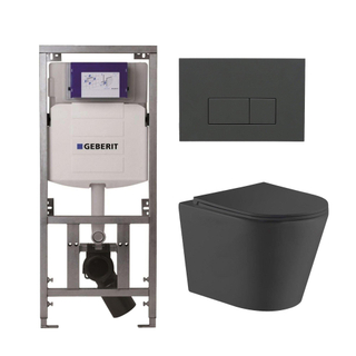 QeramiQ Dely Toiletset - 36.3x51.7cm - diepspoel - rimless - Geberit UP320 inbouwreservoir - met Burda frame - softclose toiletzitting - bedieningsplaat antraciet mat - rechtehoekige knoppen - mat zwart