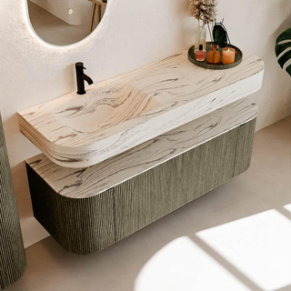 MONDIAZ THOR-DLUX 140cm meuble de salle de bains arrondi gauche + droite couleur Shadow avec 1 tiroir et 2 portes. Vasque suspendue CLOUD Gauche 1 trou de robinet couleur Nata.