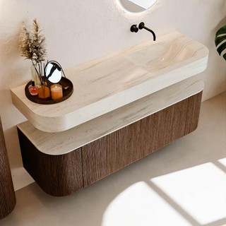 MONDIAZ THOR-DLUX 150cm meuble de salle de bains arrondi gauche + droite couleur Walnut avec 1 tiroir et 2 portes. Vasque suspendue CLOUD droite sans trou de robinet couleur Meli.