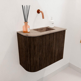 Mondiaz JOYA-DLUX 51.6cm toiletmeubel - ronding links kleur Walnut - Wastafel FAYE positie Rechts Zonder kraangat kleur Arena.