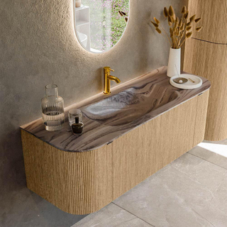 MONDIAZ KURVE-DLUX 130cm badmeubel ronding Links + Rechts kleur Oak met 1 lade en 2 deuren. Wastafel BIG SMALL Midden 1 kraangat Sombra.