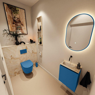 MONDIAZ TURE-DLUX Meuble toilette - 40cm - Jeans - EDEN - vasque Frappe - position gauche - sans trou de robinet