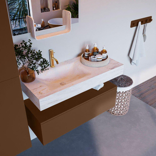 Mondiaz ALAN-DLUX Ensemble de meuble - 100cm - meuble Rust mat - 1 tiroir - Lavabo Cloud Ostra suspendu - vasque gauche - 1 trou de robinet