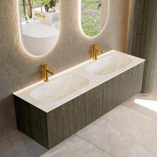 Mondiaz KURVE-DLUX Ensemble de meuble salle de bain - 150x46x40cm - 2 tiroirs - lavabo en solid surface - double - 2 trous de robinet - Shadow