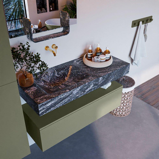 Mondiaz ALAN-DLUX Ensemble de meuble - 110cm - meuble Army mat - 1 tiroir - Lavabo Cloud Lava suspendu - vasque Gauche - 0 trous de robinet