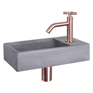 Differnz Force kit lave-mains - 40x22x8cm - Rectangulaire - 1 trou de robinet - Robinet en cuivre rose courbé - poignée croix - Béton Gris