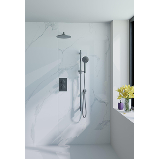 Fortifura Calvi Ensemble de douche pluie encastrable - thermostatique - bras mural - pommeau 25cm - barre curseur - douchette ronde - flexible en métal - Gunmetal