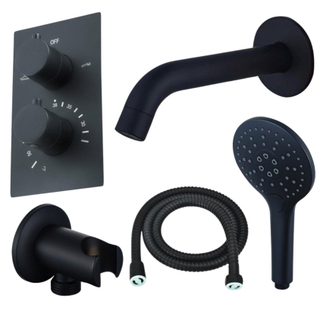 Fortifura Calvi Ensemble de robinet de baignoire - bec - 22cm réductible - flexible métallique - douchette ronde - partie encastrable - support mural - noir mat