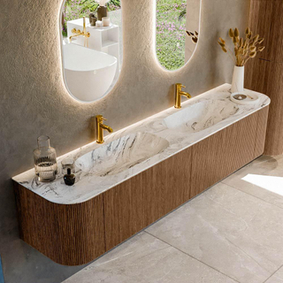 MONDIAZ KURVE-DLUX 200cm Meuble salle de bain avec module 25 G et D - couleur Walnut - 2 tiroirs - 2 portes - vasque STOR SMALL double - 2 trous de robinet - couleur Glace