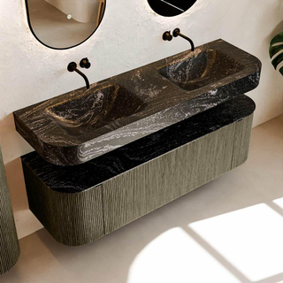 MONDIAZ THOR-DLUX 150cm meuble de salle de bains arrondi gauche + droite couleur Shadow avec 1 tiroir et 2 portes. Vasque suspendue CLOUD Double sans trou de robinet couleur Lava.