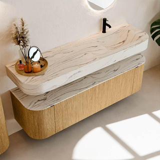 MONDIAZ THOR-DLUX 160cm meuble de salle de bains arrondi gauche + droite couleur Oak avec 1 tiroir et 2 portes. Vasque suspendue CLOUD Droite 1 trou de robinet couleur Nata.