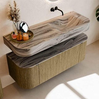 MONDIAZ THOR-DLUX 130cm meuble de salle de bains arrondi gauche + droite couleur Dusk avec 1 tiroir et 2 portes. Vasque suspendue CLOUD droite sans trou de robinet couleur Sombra.