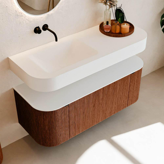 MONDIAZ THOR 120cm meuble de salle de bains arrondi gauche + droite couleur Ruby avec 1 tiroir et 2 portes. Vasque suspendue CLOUD Gauche sans trou de robinet couleur Talc.