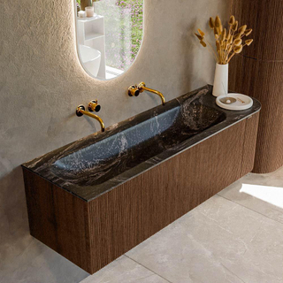 MONDIAZ KURVE-DLUX 145cm Meuble salle de bain avec module 25 D - couleur Walnut - 1 tiroir - 1 porte - vasque BIG LARGE gauche - sans trou de robinet - couleur Lava