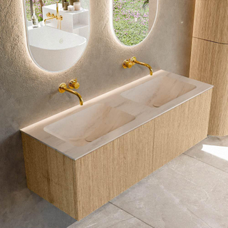 MONDIAZ KURVE-DLUX 130cm badmeubel kleur Oak met 2 lades en 0 deuren. Wastafel LEAF Dubbel zonder kraangat Meli.