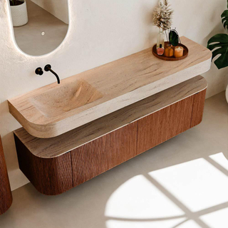 MONDIAZ THOR-DLUX 180cm meuble de salle de bains arrondi gauche + droite couleur Ruby avec 2 tiroirs et 2 portes. Vasque suspendue CLOUD Gauche sans trou de robinet couleur Saba.