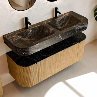 MONDIAZ THOR-DLUX 130cm meuble de salle de bains arrondi gauche + droite couleur Oak avec 1 tiroir et 2 portes. Vasque suspendue CLOUD Double 2 trous de robinet couleur Lava.