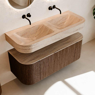 MONDIAZ THOR-DLUX 120cm meuble de salle de bains arrondi gauche + droite couleur Walnut avec 1 tiroir et 2 portes. Vasque suspendue CLOUD Double sans trou de robinet couleur Saba.