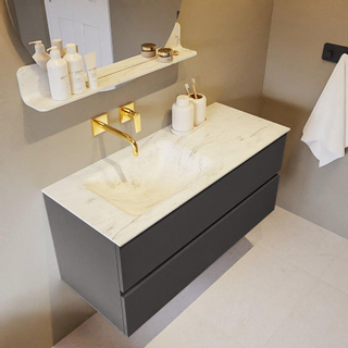 Mondiaz VICA-DLUX Ensemble de meuble de salle de bain - 110cm - meuble sous-vasque gris foncé - 2 tiroirs - lavabo encastré cloud gauche - sans trous de robinet - version haute de 60cm - opalo