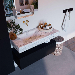 Mondiaz ALAN-DLUX Ensemble de meuble - 100cm - meuble Urban mat - 1 tiroir - Lavabo Cloud Glace suspendu - vasque Gauche - 0 trous de robinet