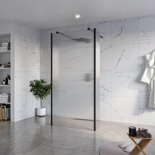 FugaFlow Eccelente Vetro Vrijstaande inloopdouche badkamer - 100x200cm - Helder geribbeld - antikalk - 8mm veiligheidsglas - 2 zijwanden 30cm - met wandarmen en hoekprofielen - Zwart mat -